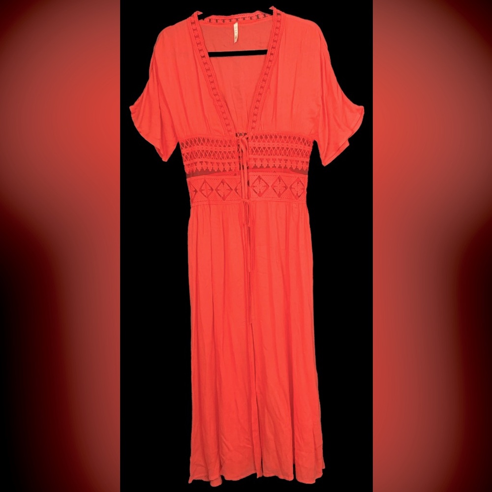Lucy In The Sky Coral Mesh Embroidered Inset Tied Open Front Robe